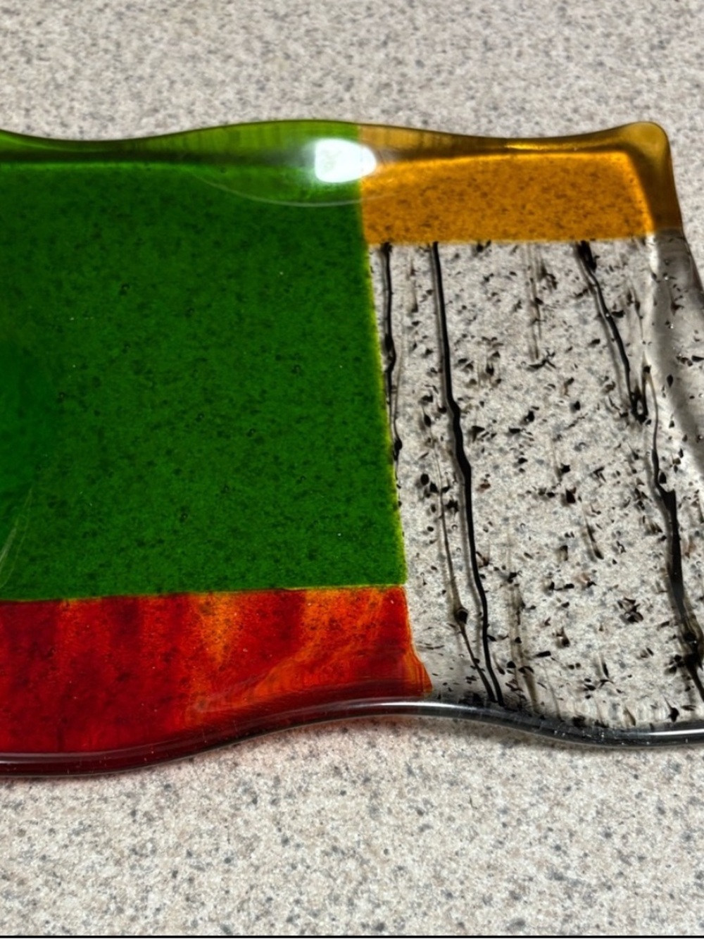 Artisan Handmade Fused Glass Serving Plate Tray Green Red Black 8x8 8”